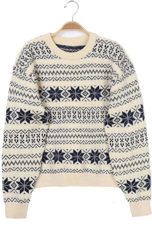 Vintage Solitude Japan Retro Autumn and Winter Fleece Neutral Pullover Sweater Stripe Snowflake Preppy