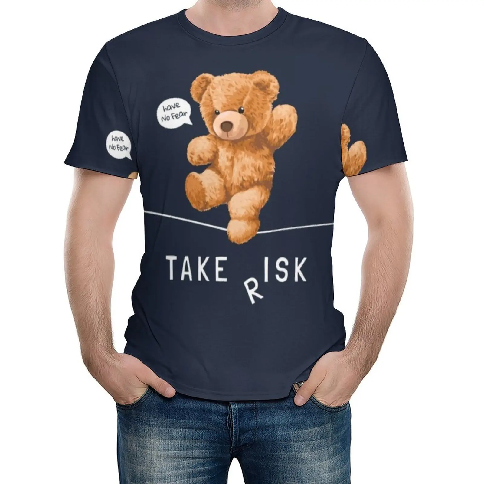 

Bear Toy Walking On String T-Shirt Have No Fear Take Risk T Shirts O-Neck Retro Tee Shirt Summer Couple Graphic Tees Big Size