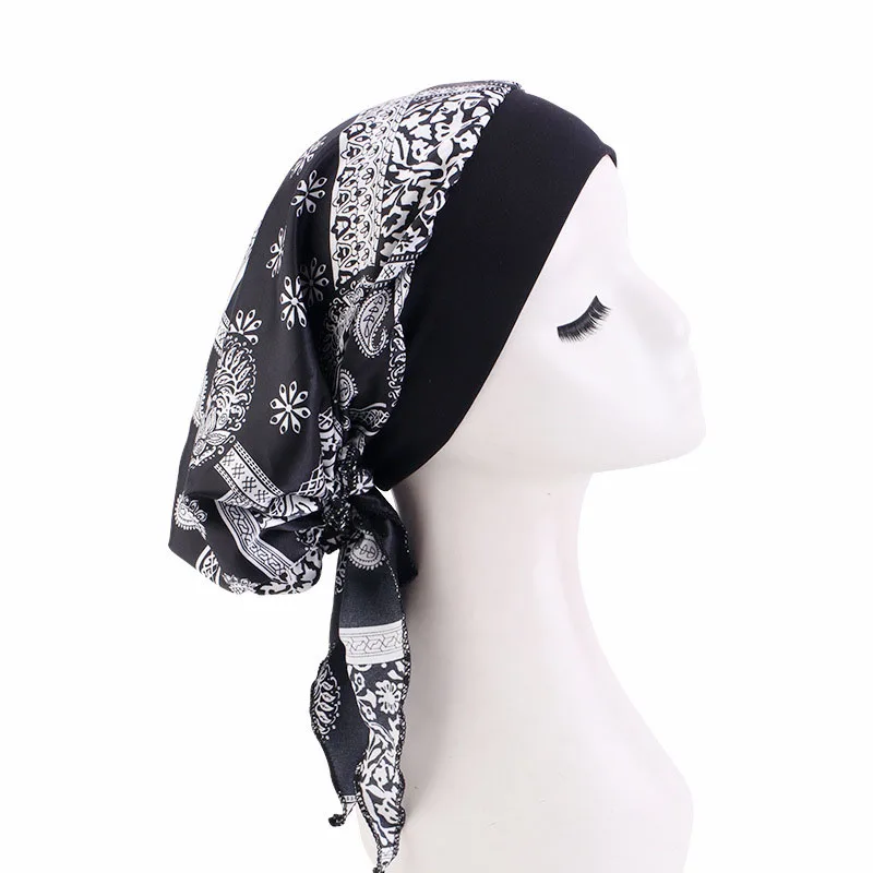 Satin Women Printed Pre-Tied Headscarf Elastic Muslim Turban Cancer Chemo Sleep Hat Hair Care Cover Head Wrap Headwear Bandana images - 6