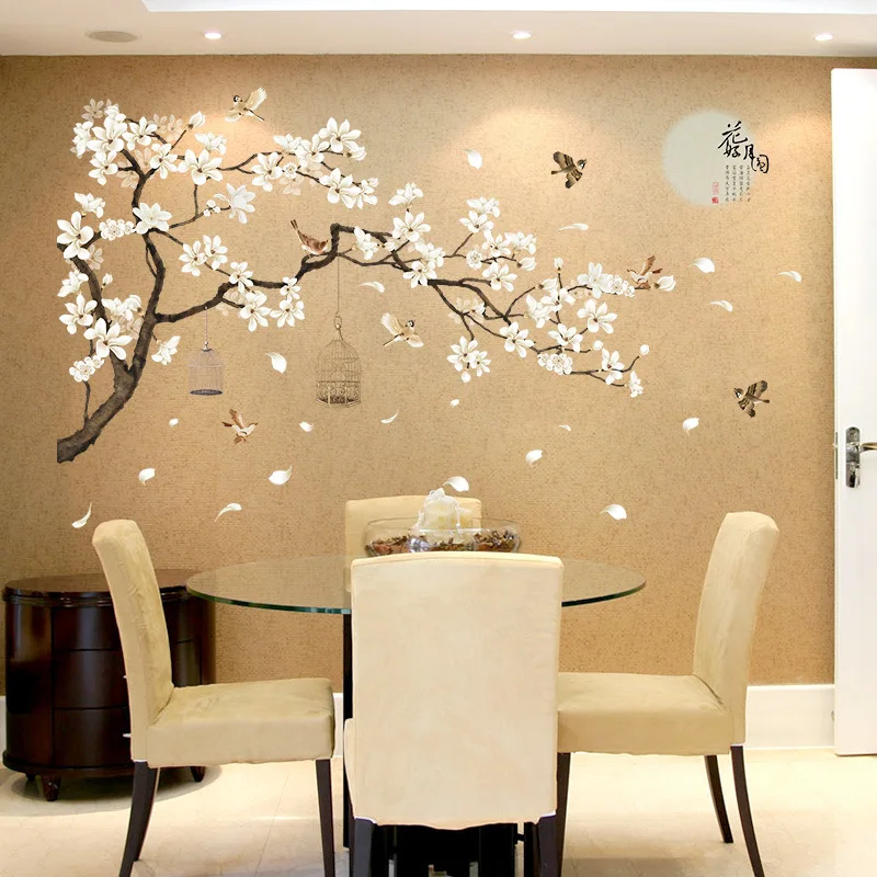 Pegatinas de estilo chino para decoración de habitación, pegatinas de pared de flores, pájaros, sala de estar, dormitorio, bricolaje, vinilo para decoración de pared