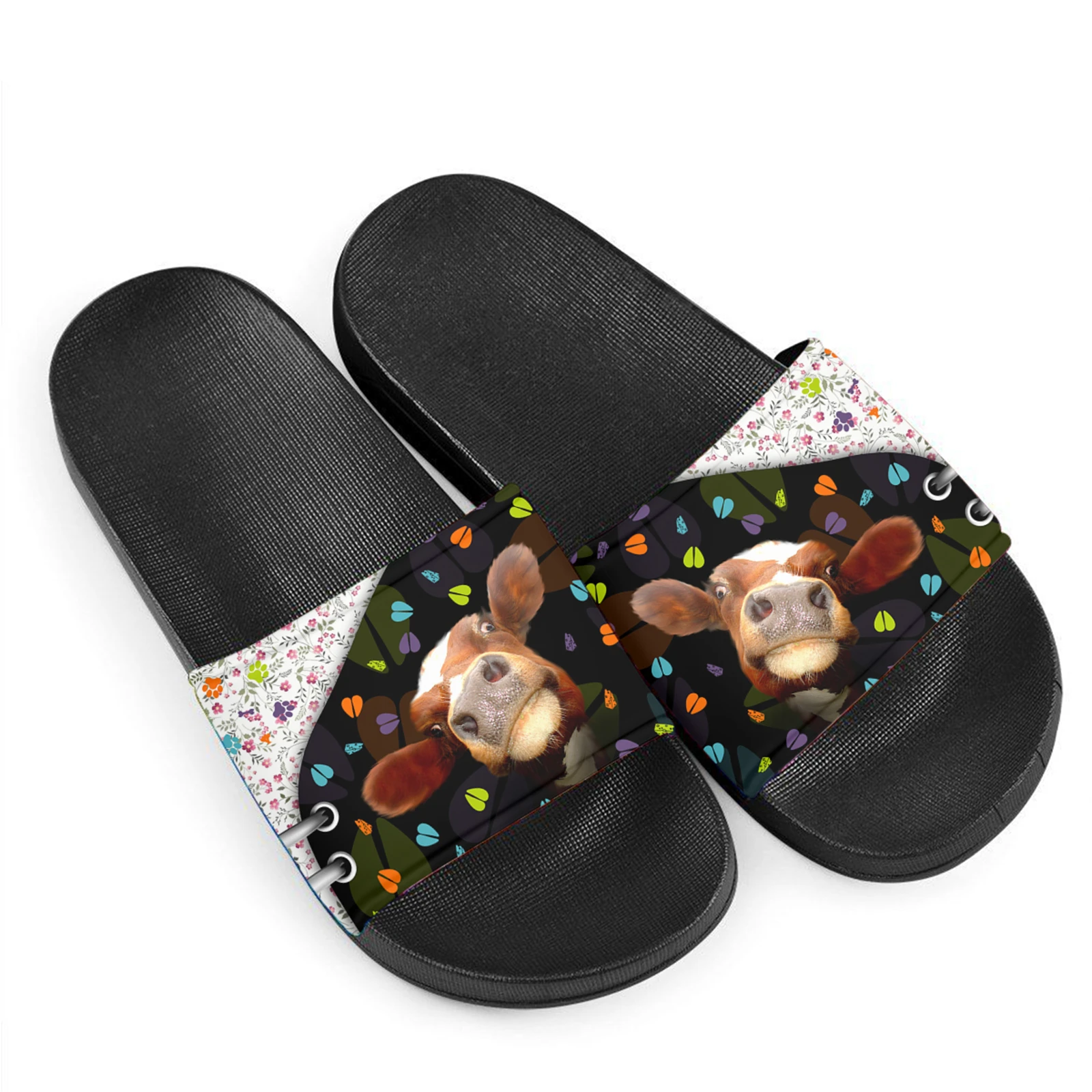 Шлепанцы женские домашние Нескользящие сандалии с принтом коровы дышащие легкие