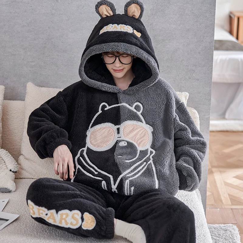 QUHENG Flannel Men's Pajamas Suit  2022 Autumn Winter Plus Size Nightgown Suit  Warm Bathrobe Coral Fleece Male Pajama Home Sets