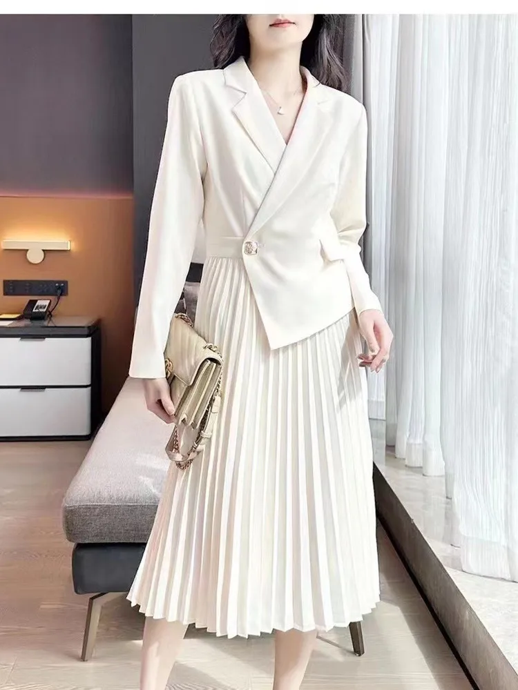 

Женское плиссированное платье из двух частей, с длинным рукавом и пуговицами