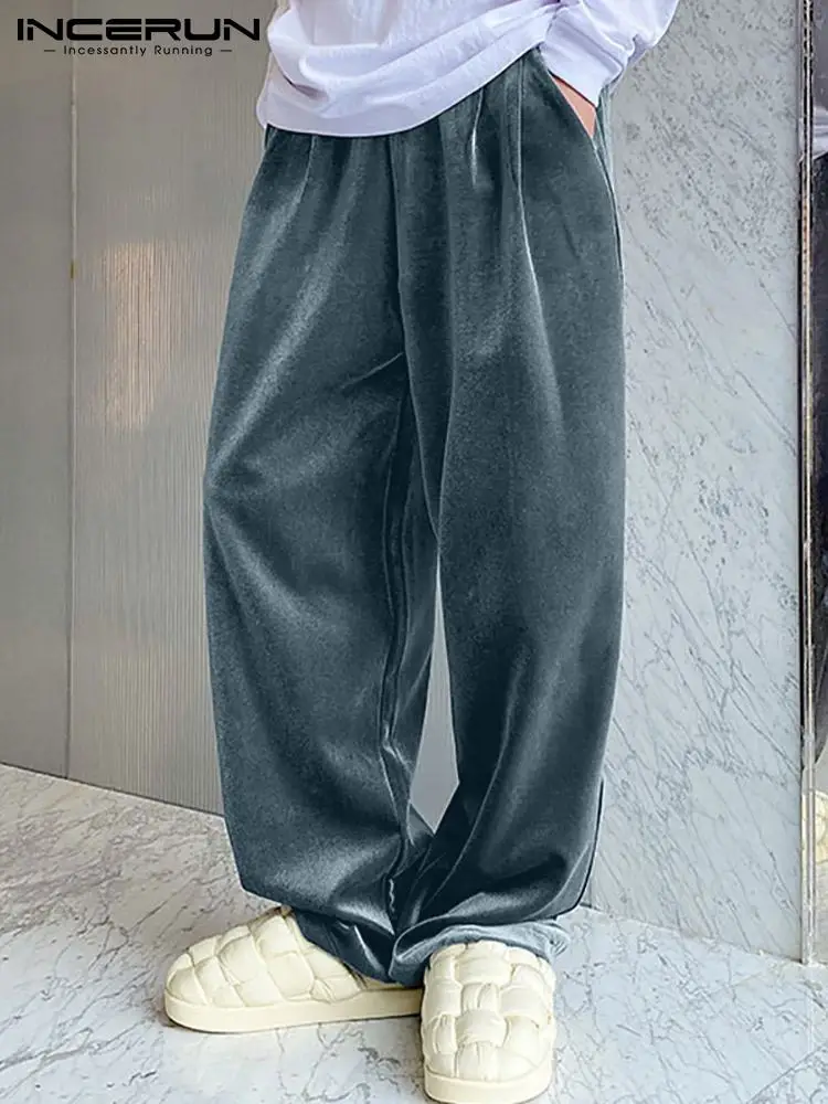 

Men Casual Pants Solid Color Joggers Elastic Waist Loose Pockets Trousers 2022 Velour Streetwear Wide Leg Pantalon INCERUN S-5XL