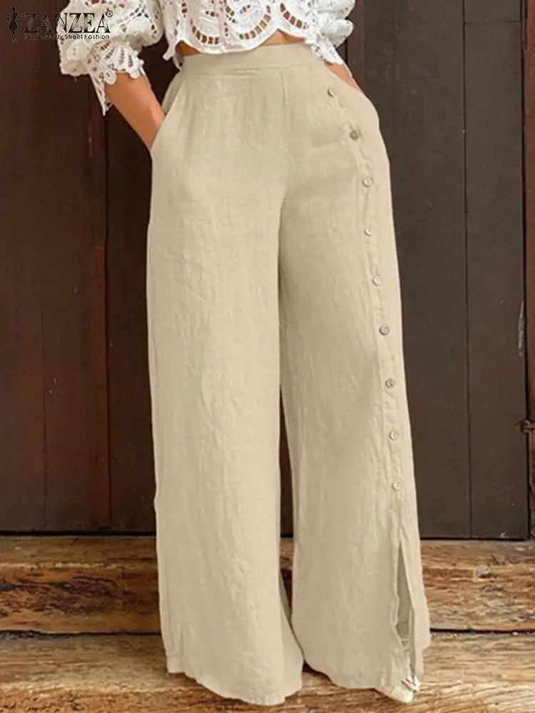 

2023 ZANZEA Casual Solid Wide Leg Pants Spring Fashion Buttons Pantalon Women Elastic Loose Trousers Femme Work Palazzo Oversize