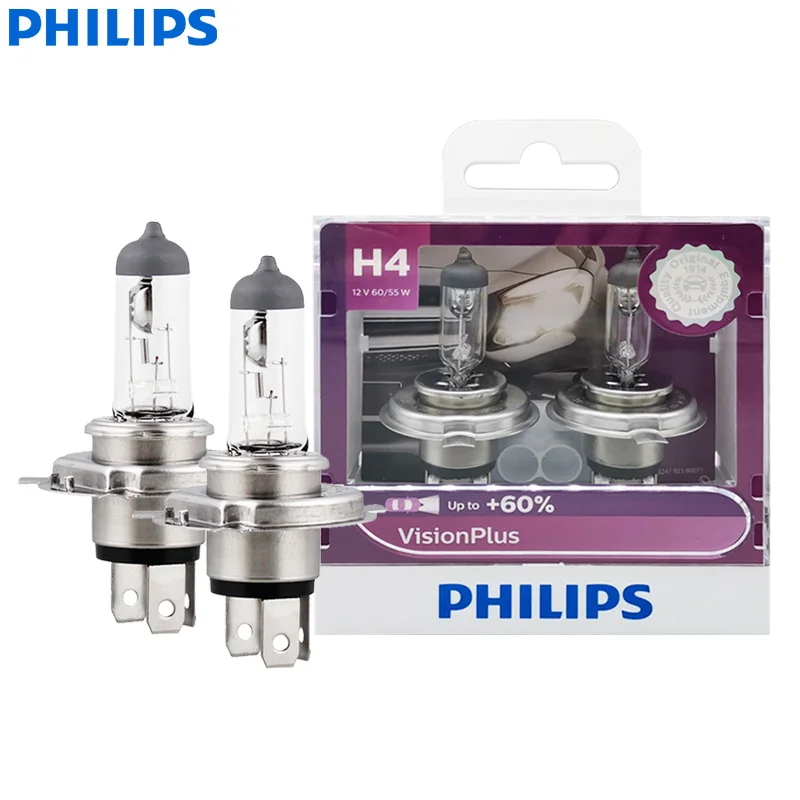 

Philips H4 12V 60/55W P43t VisionPlus 3250K Bright Light Up to 60% Increased Bright Original Halogen Car Headlight 12342VPS2, 2X