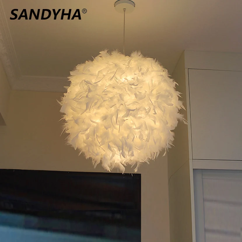 SANDYHA LED White Round Feather Ball Chandelier Bedroom Living Room Decorative Ceiling Lamp Pink Red Warm Pendant Hanging Light