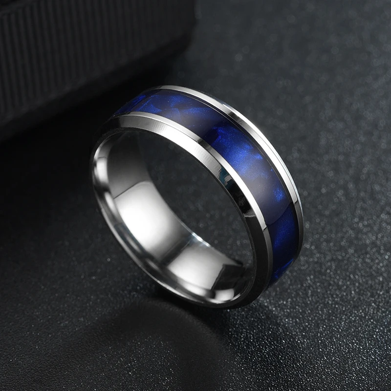 

Fashion 8mm Silver Color Men Stainless Steel Rings Inlay Gradient Blue Simulation Shell Rings Men Wedding Jewelry
