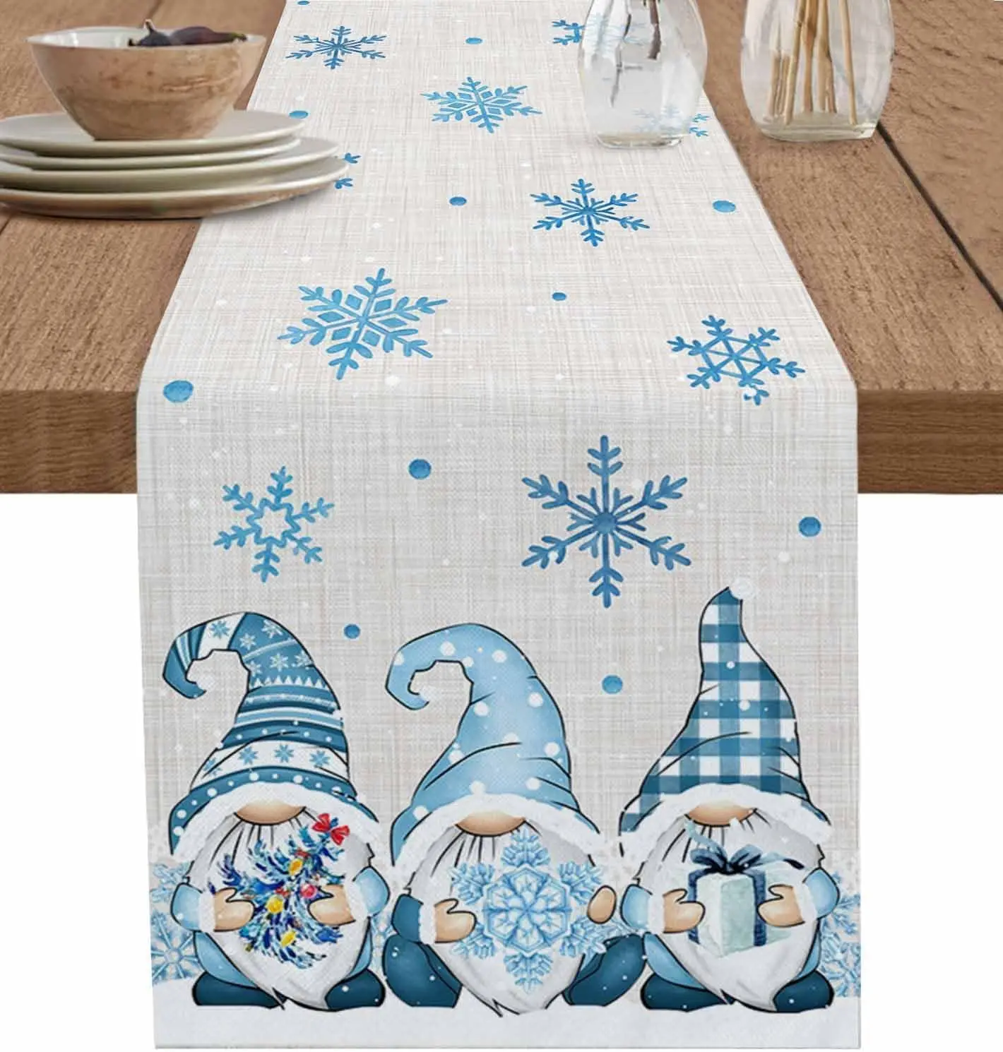 

Christmas Blue Gnomes Winter Snowflake Linen Table Runners Table Decor Reusable Xmas Dining Table Runners Navidad Decorations