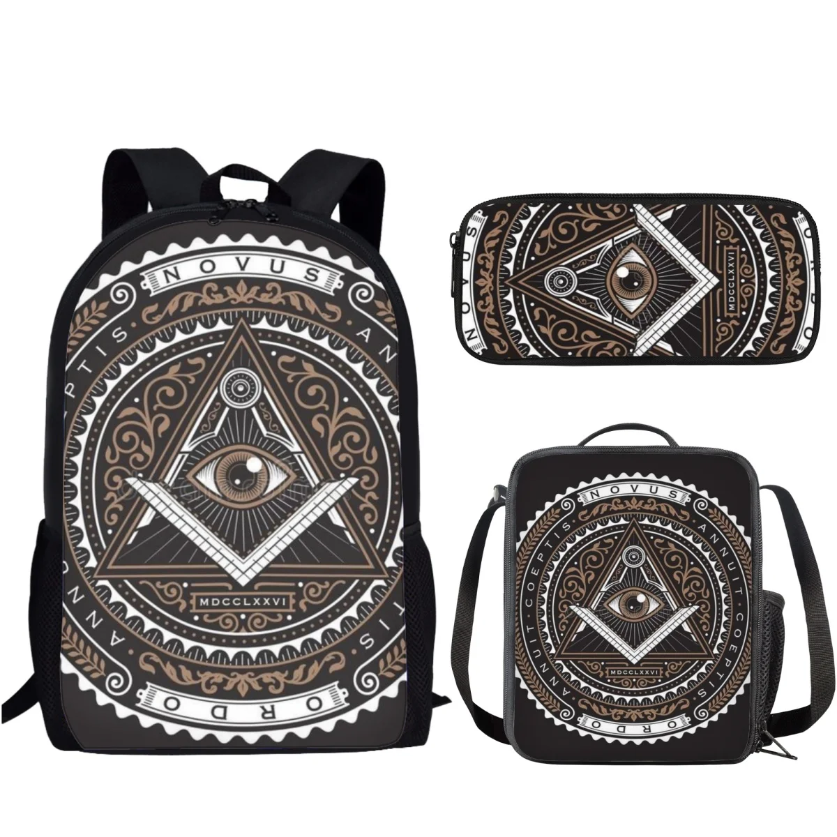 

Illuminati All Seeing Eye School Bags 3-Piece Freemason Symbol Pattern Large Capacity Kids Backpacks with Lunch Box Teen Bookbag