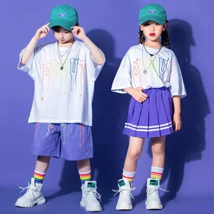 Kids Hip Hop Dancing Clothing Tshirt Streetwear Purple Mini Skirt For Girls Boys Jazz Dance Costumes in Pakistan