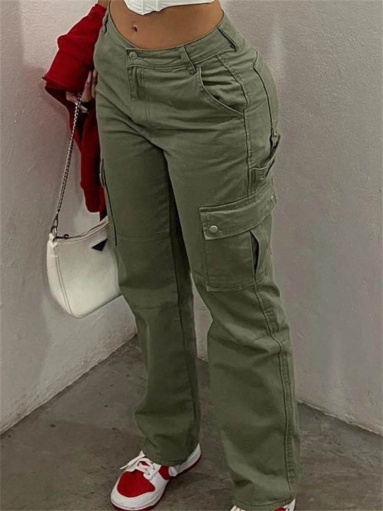 

2023 New Summer Vintage Women Cargo Jeans High Waist Straight Leg Baggy Comfy Denim Trousers Mom Green Pockets Y2K Cargo Pants