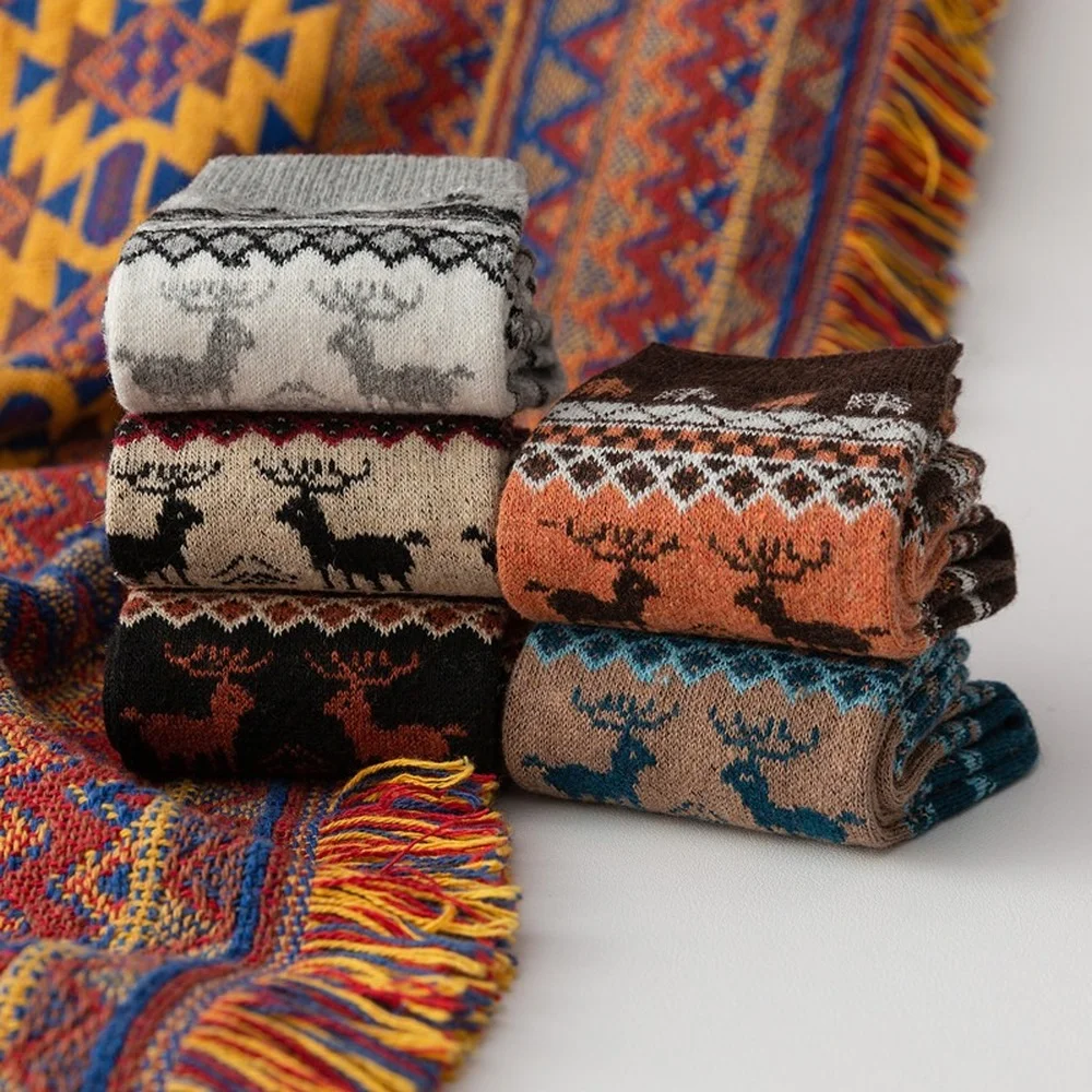 5 Pairs 2022 New Autumn and Winter Thick Warm Rabbit Wool Socks Ethnic Style Snow Fawn Elk Women Casual Socks