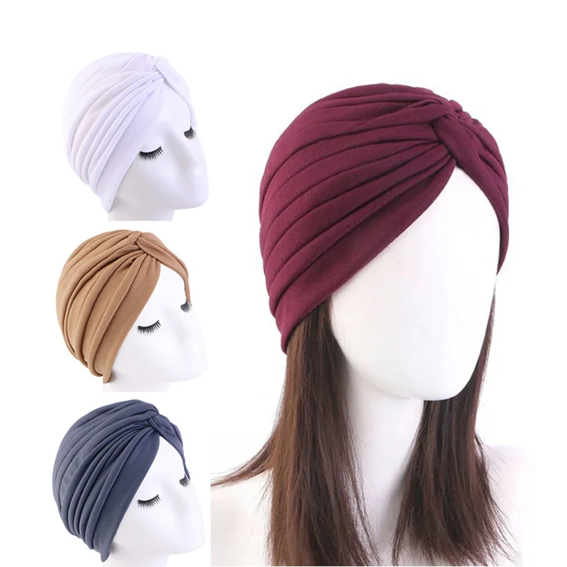 

New Pleated Twist Indian Turban Chemo Cap Women Muslim Inner Hijab Hat Beanies Bonnet Hair Loss Head Cover Headscarf Skullies