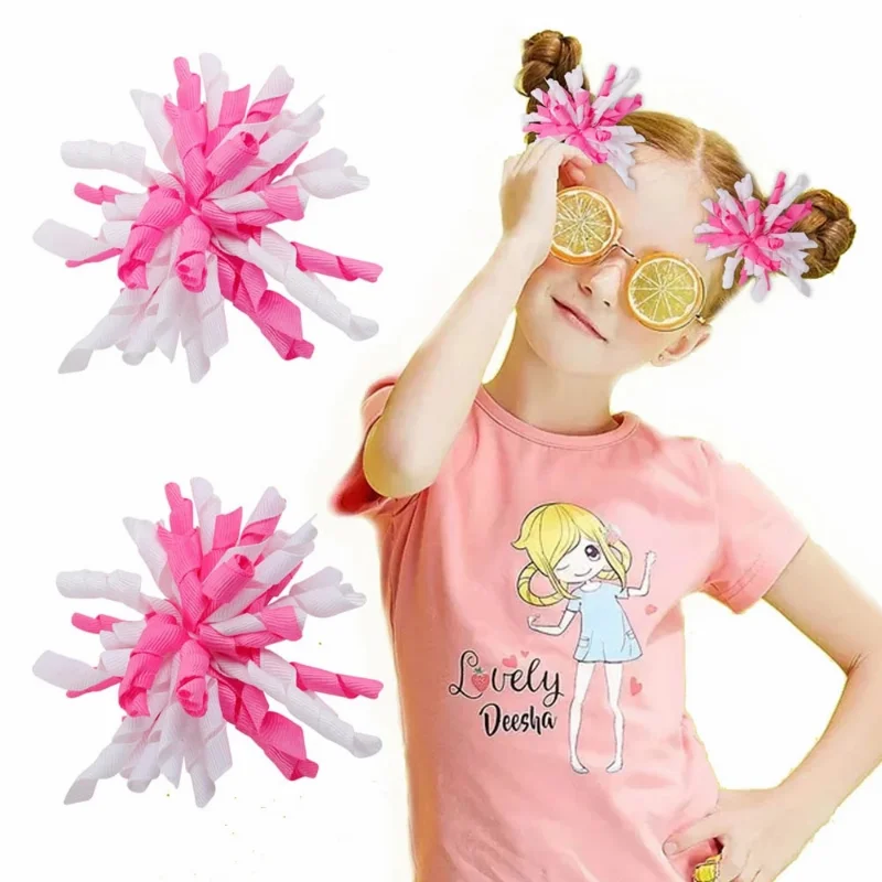 

2pcs/set Korker Curly Ribbon Hair Bows Clips For Kids Girls Corker Tassel Bobbles Hairpins Accessories Boutique Headwear