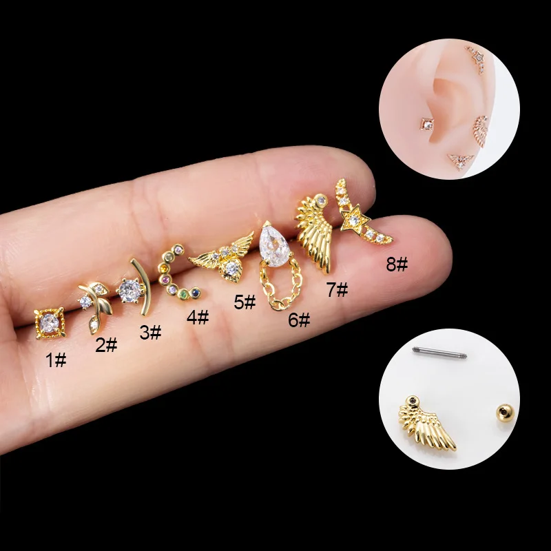 

Guemcal 1 Pair Stainless Steel Fine Rod Double-headed Screws Cartilage Piercing Nails Wing Fashion Zircon Ear Bone Nails