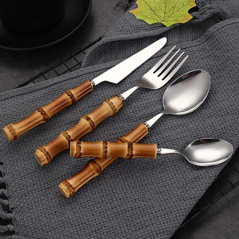 

Creative Bamboo Handle Stainless Steel Tableware Steak Knives Flatware Knives Set Includes Dessert Spoon Forks Kitchen