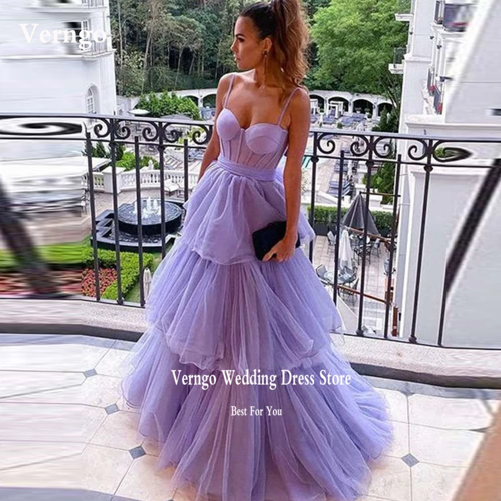 

Verngo Elegant Lavender Tulle Long Prom Dresses Tiered Spaghetti Straps Arabic Bow Back Party Formal Dress Lilac Evening Gowns