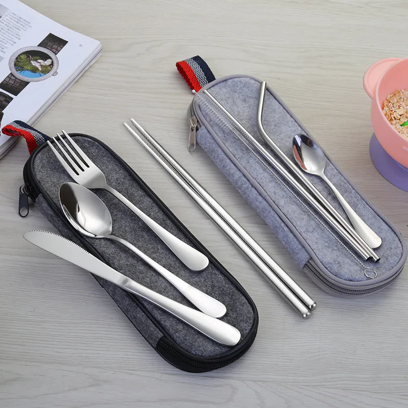 

8pcs Dinnerware Set Travel Cutlery Set Reusable Silverware with Metal Straw Spoon Fork Chopsticks Kitchen Accessory with Case