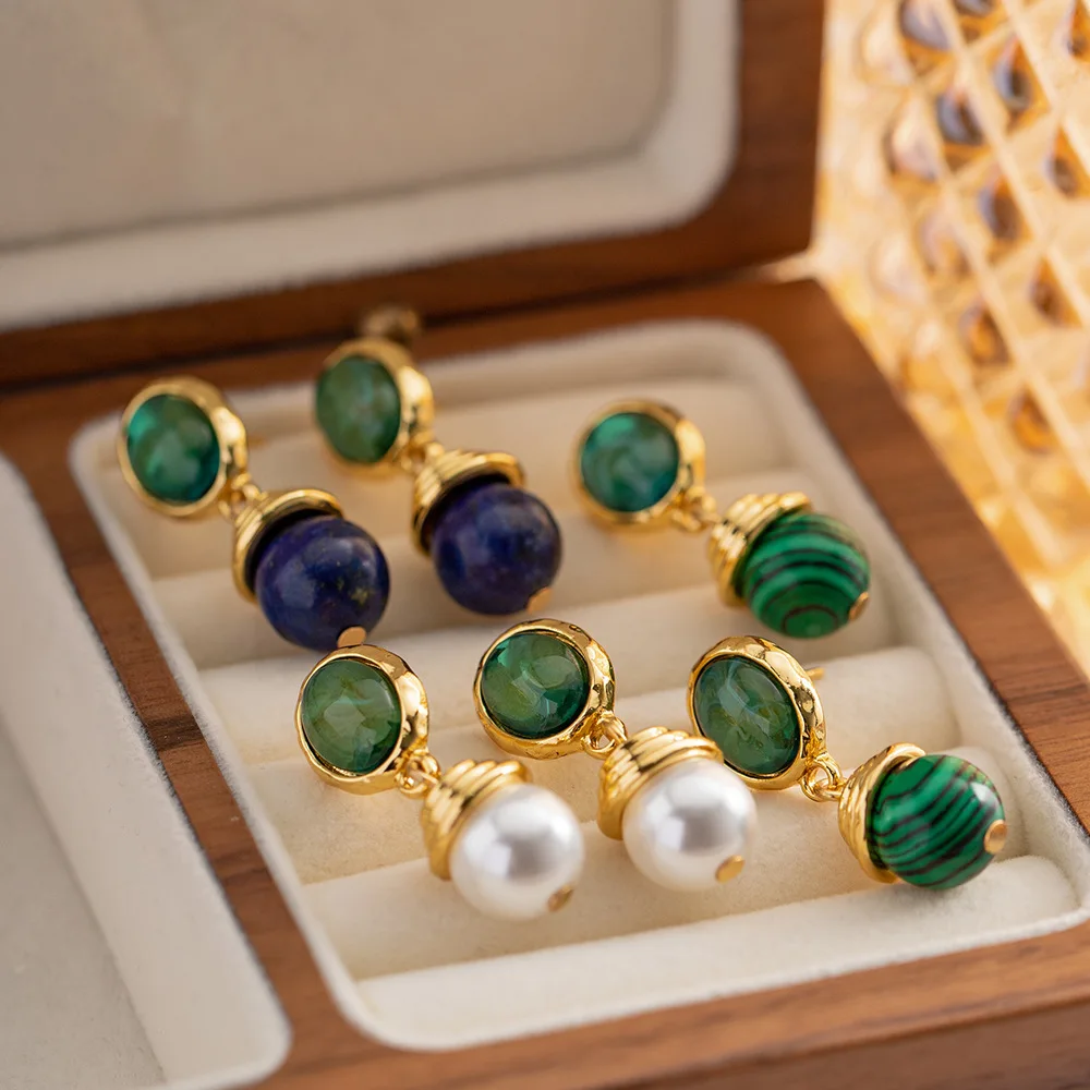 

Minar Delicate Multicolor Natural Stone Lapis Malachite Pearl Drop Earrings for Women 18K Real Gold Plating Brass Long Earring