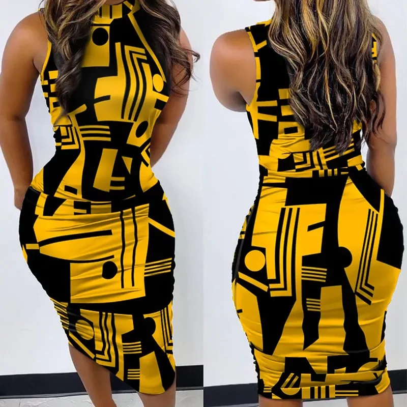 

2022New Yellow Geometry Print Sleeveless Ruched Bodycon Dress Women Summer Clothes Contrast Color Y2k Vintage Party Dress Lady