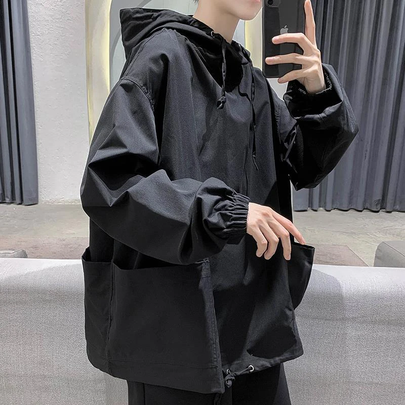 

Big Pocket Drawstring Hooded Long Sleeve Men T Shirt Korean Black Green Thin Tooling Harajuku Punk Oversized Pullover Streetwear