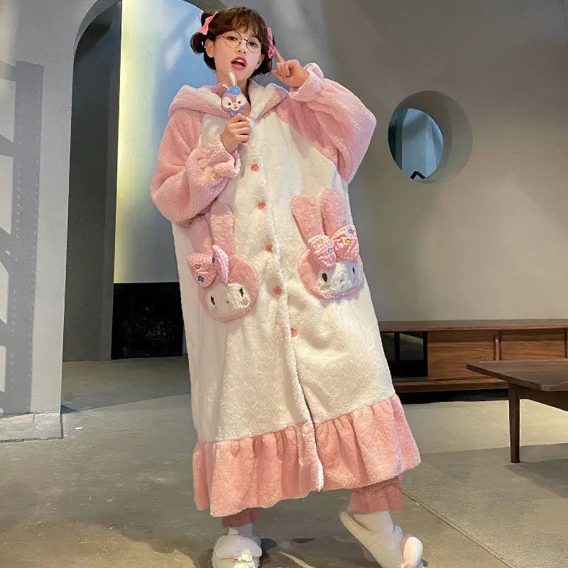 

Original MyMelody Nightgown Coral Fleece Autumn Winter Cartoon Anime Sanrio Plus Velvet Thickening Pajamas Ladies Home Clothes