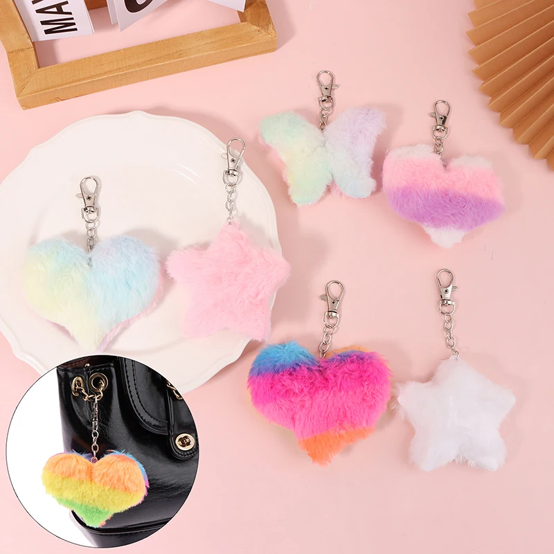 

Cute Butterfly Plush Key Chain Rainbow Heart Pendant Star Key Ring Backpack Car Charms Decoration Bag Accessories