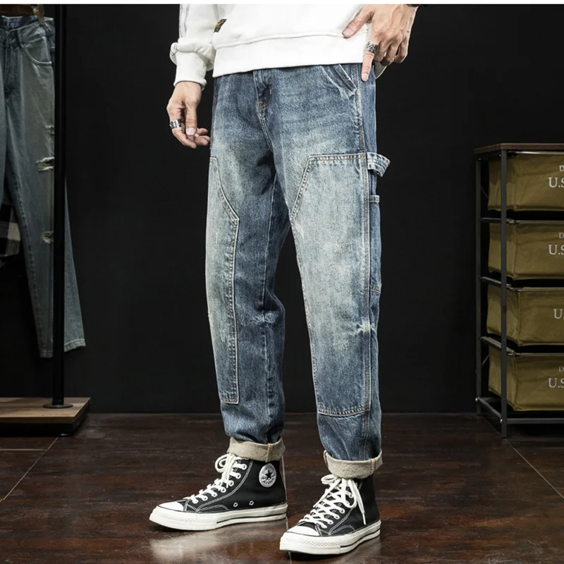 Streetwear Men New Pattern Recreational  Straight Cylinder  Black Jeans Multiple Pockets Large  Loose Trousers Autumn Female Sex