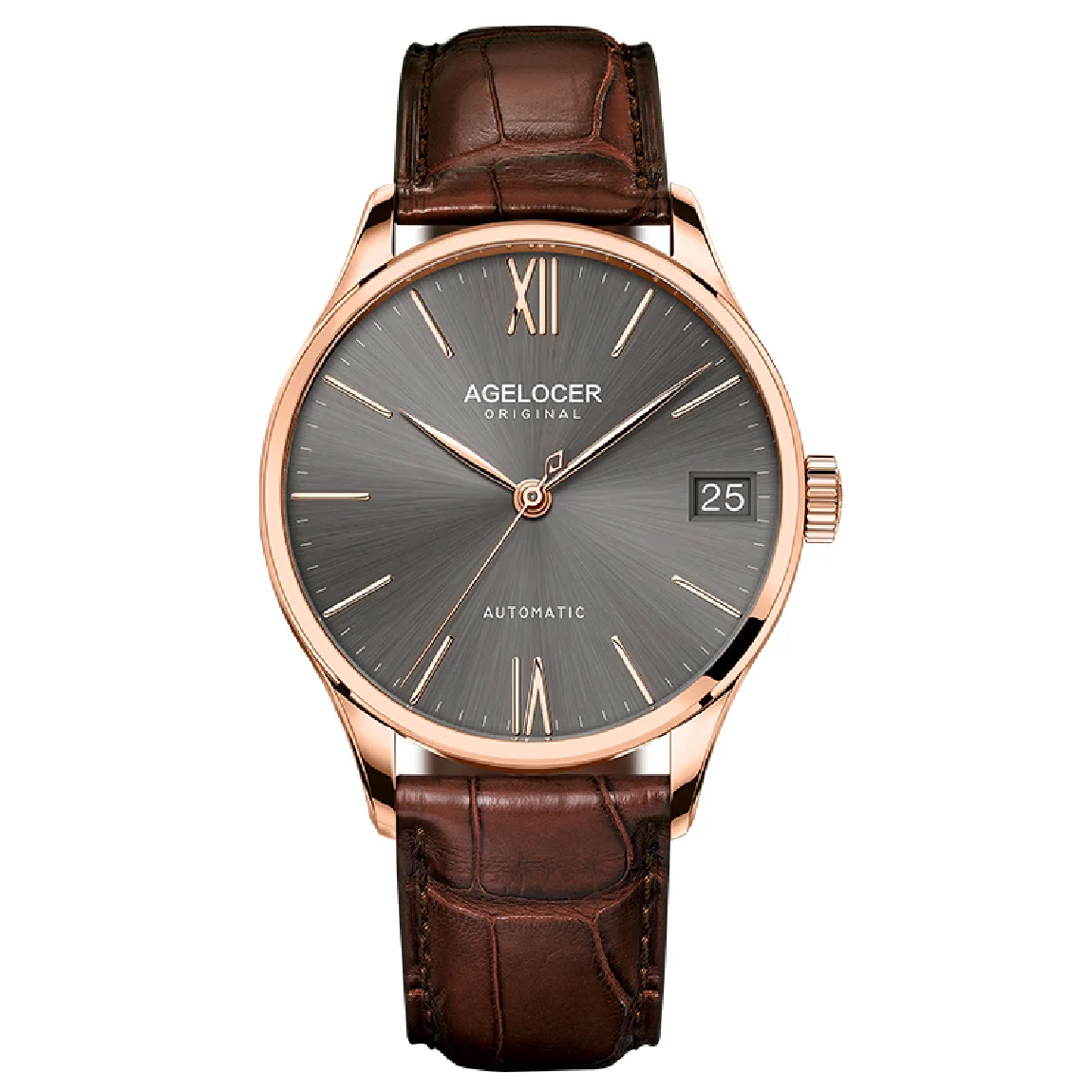 

AGELOCER Luxury Casual Mechanical Watches for Men Rose Gold Brown Dial Genuine Leather Strap Mechanical Automatic Watches 7073D2
