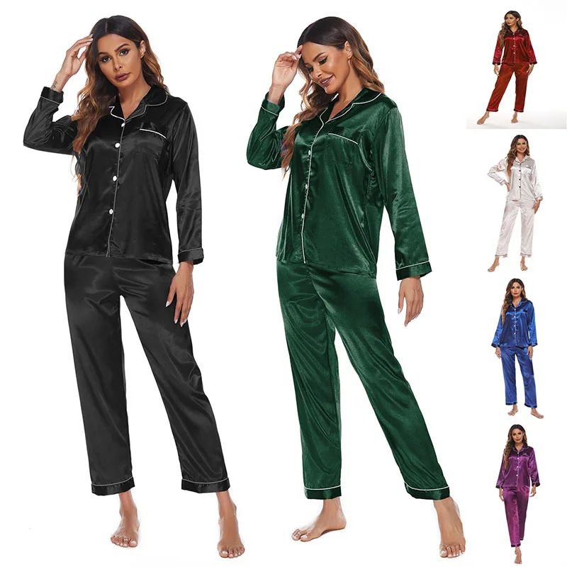 

Women 2 Pieces Satin Silk Sleepwear Solid Color Long Sleeve Shirt and Pants Pajamas Set