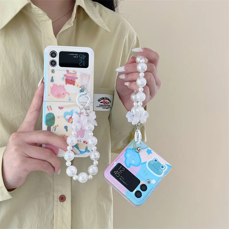 Cartoonl Rabbit Frog Pig Dolphin Phone Case for Samsung Galaxy Z Flip 4 3 Hard Cover for ZFlip3 Zflip4 Solid Shell Bracket