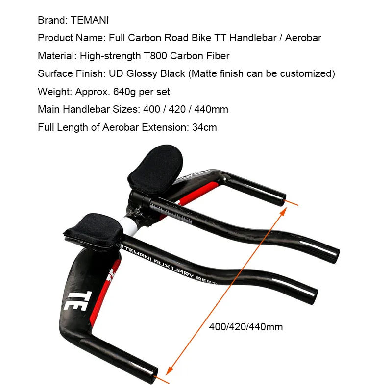 Фото Руль TEMANI Full Carbon TT Rest Handlebar 400-440 мм, трековый руль-«рогатка», сверхлегкий, для шоссейных и фикс-велосипедов №2