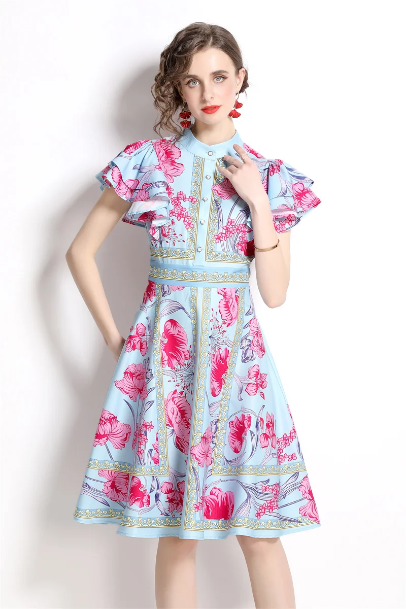 

High Quality Women Summer Elegant Print Dress Blue Slim Wedding Cocktail Party Robe Female Vintage A-Line Dress Vestidos