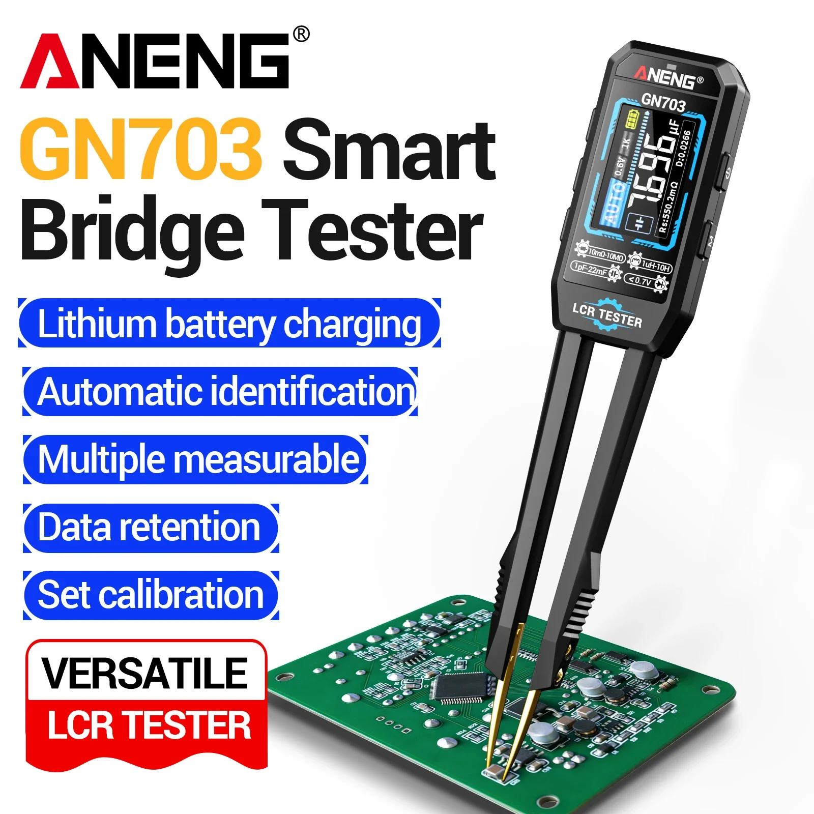 Фото Интеллектуальные пинцеты-измерители ANENG GN703 LCR 100 Гц/1 кГц/10 кГц для измерения ESR, емкости, сопротивления, индуктивности, инструмент для измерения SMD-компонентов. №1
