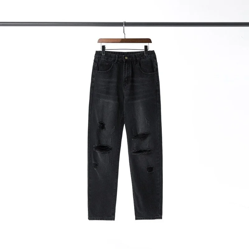 

High Street Washed Fashion Knife Cut Hole Jeans Casual Distressed Trouser Black Men Women Straight Loose Denim Pantalones Hommes
