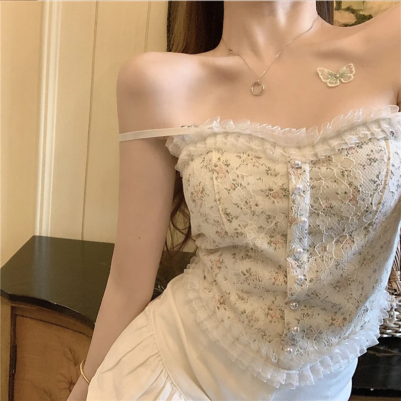 Women French Lace Camisole Flower Pearl Decor Frills Sling Tank Tops Girls Vintage Elegant Crop Tops Fashion Streetwear