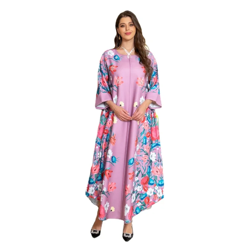 2023 Summer Elegant Muslim Women Long Sleeve O-neck Polyester Printing Long Abaya Muslim Fashion Dress Muslim Dress Women