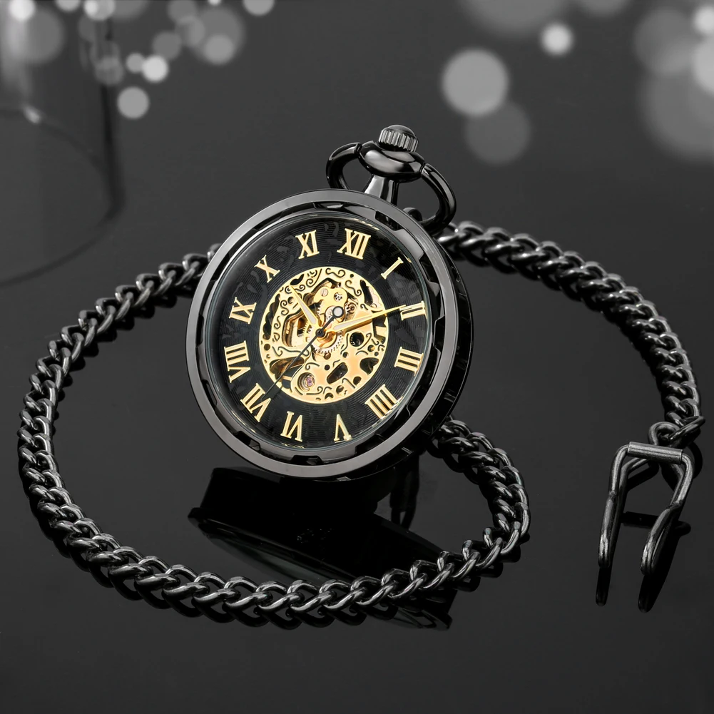Vintage Hand-Wind Mechanical Pocket Watch Skeleton Roman Numeral Dial Black/Bronze/Silver Pendant Clock for Men Retirement Gifts