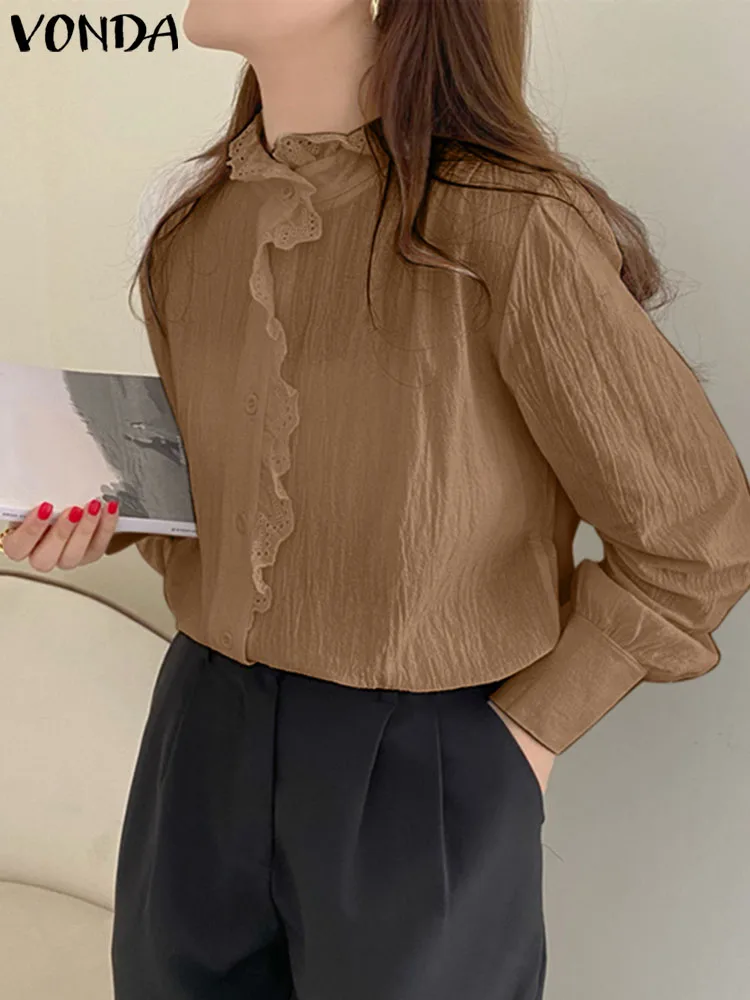 

VONDA Elegant Ruffled Shirts 2023 Autumn Women Long Puff Sleeve Fashion Tunic Tops O Neck Lace Patchwork Bottons Casual Blouses
