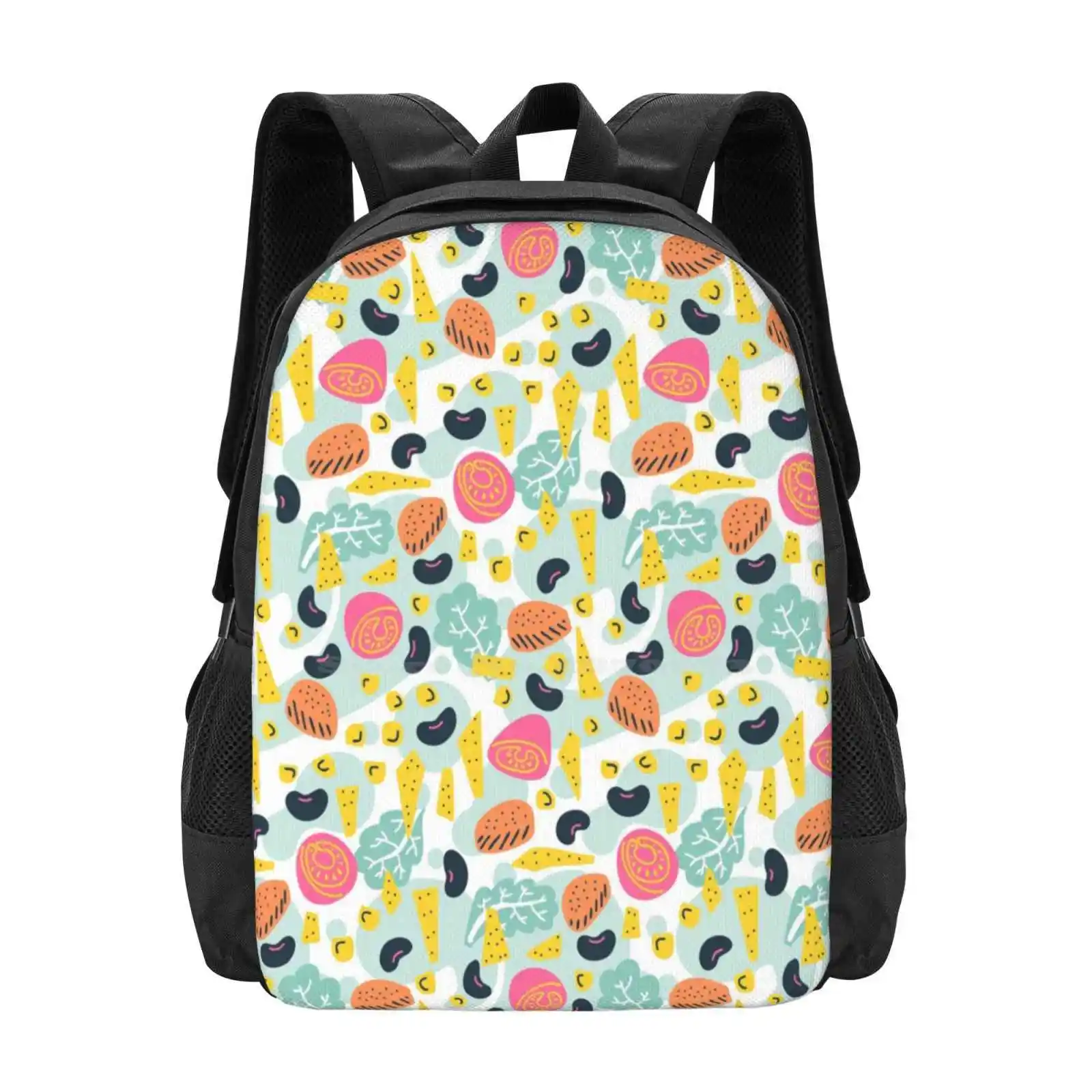 Chicken Taco Salad Large Capacity School Backpack Laptop Bags Chicken Food Pattern Healthy Salad Taco Veggies Lunch Meal Jar