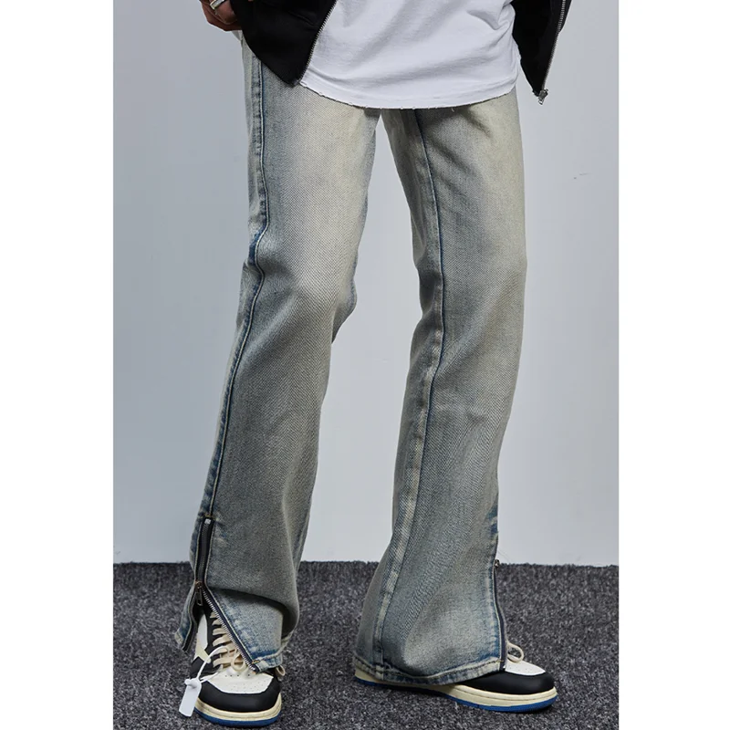 Streetwear Men Open Leg Zipper Jeans Straight Cylinder Loose Street Trousers Autumn Female Fashion Temperament Micro Flare Pants