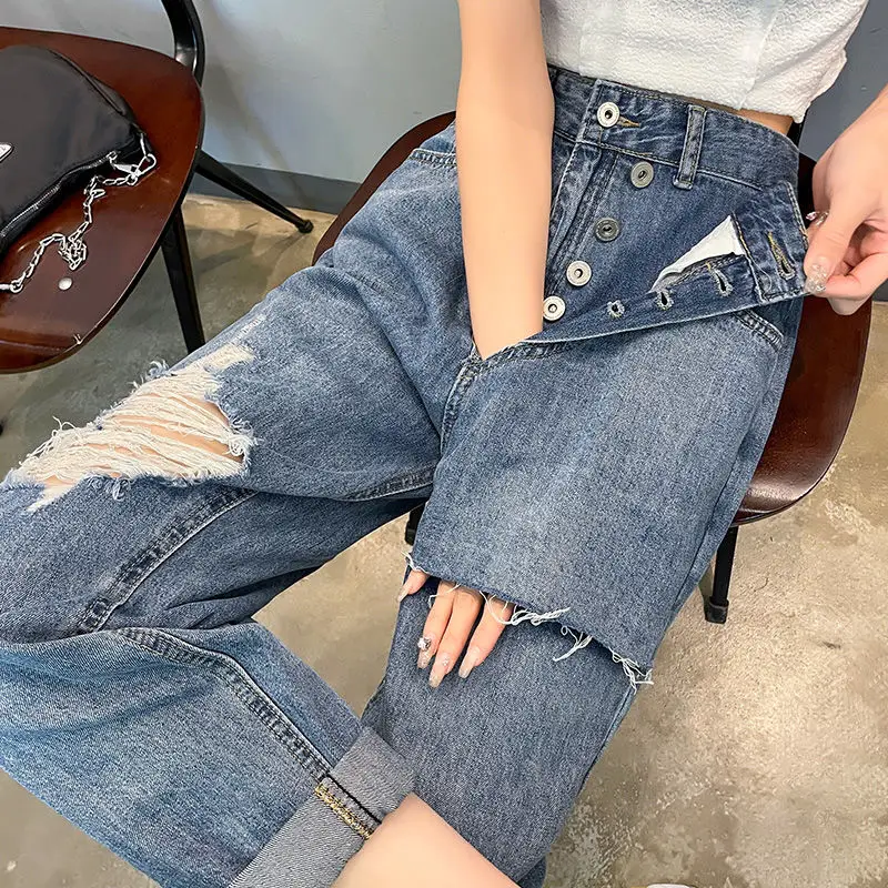 

Denims 2023 Hole Washed Wide Leg Pants Jeans Women Loose Boyfriend Jeans Cotton Blue Mom Jeans Casual Trousers Denim Pants A433