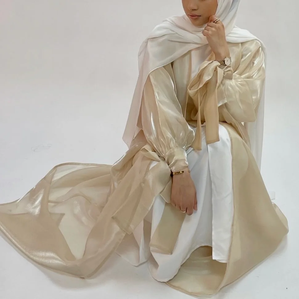 2022 Eid Abaya Dubai Puff Sleeves Muslim Dress Silky Turkey Kaftans for WomenRobe Kimono Islam Abayas Femme Musulmane African