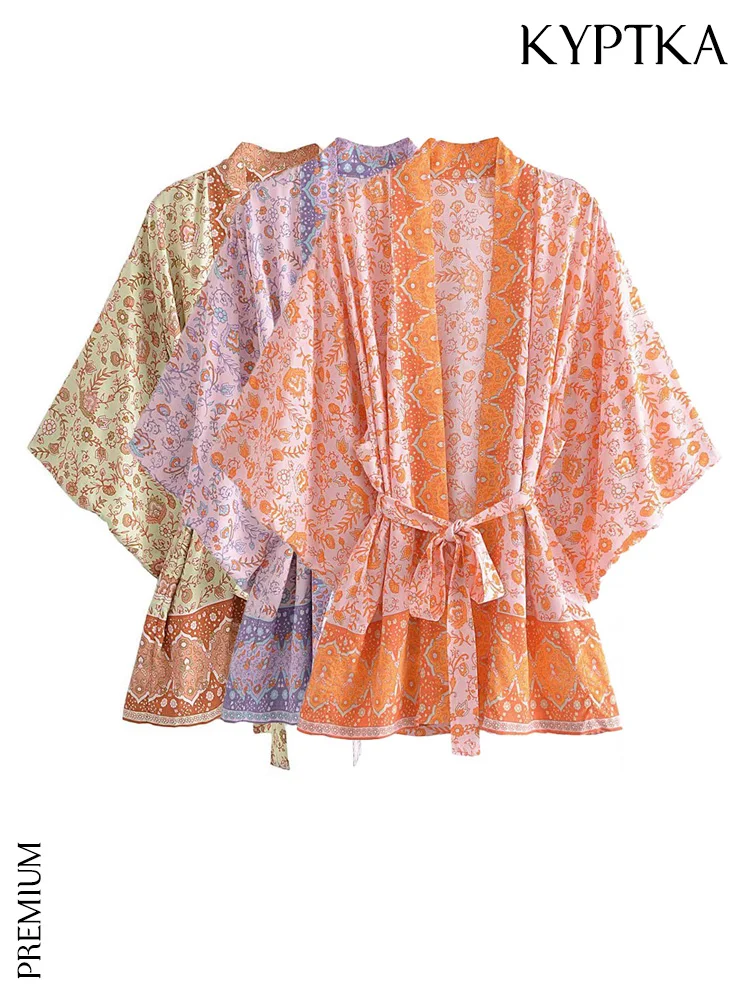 

KYPTKA Women Fashion With Belt Floral Print Kimono Blouses Vintage Wide Sleeves Loose Female Shirts Blusas Chic Tops