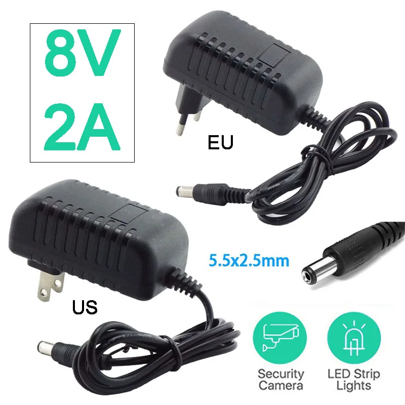 

8V 2A 2000ma Power Supply AC DC Adapter Converter Wall Charger 100-240V Led Transformer 8volt Switching Power Supplies