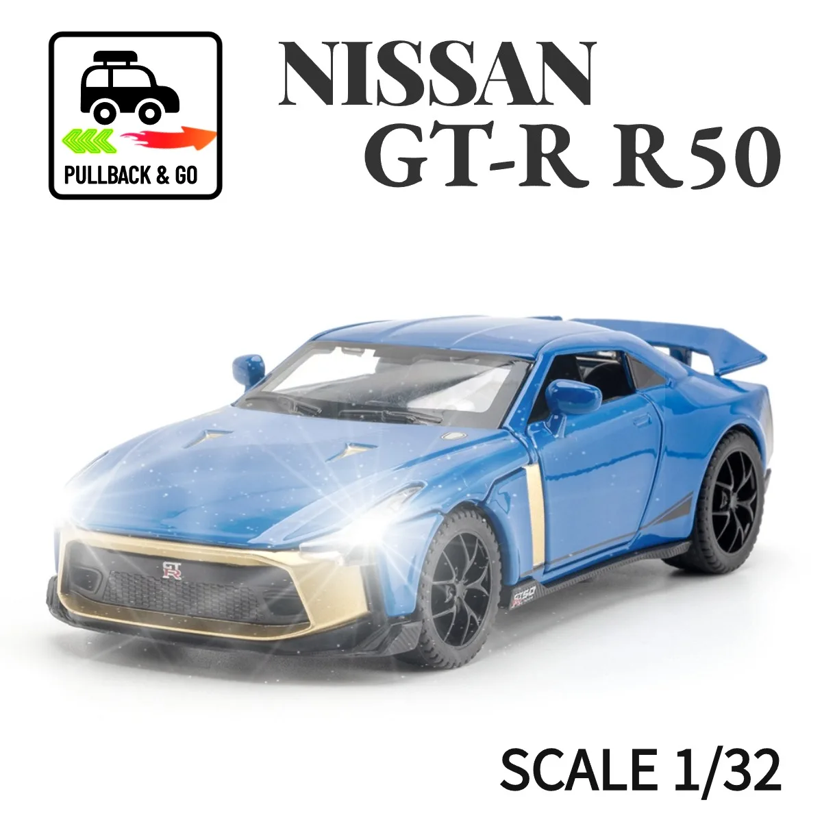 1:32 Nissan GT-R R50 автомобильная игрушка с подсветкой звук двигателя Toyota Audi литые