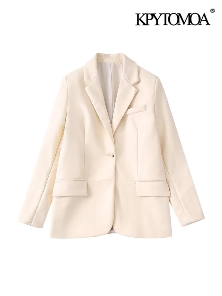 

KPYTOMOA Women Fashion Faux Leather Front Button Blazer Coat Vintage Long Sleeve Flap Pockets Female Outerwear Chic Veste Femme