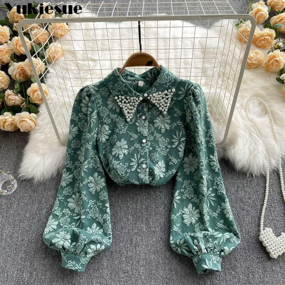 

Elegant Women's summer blouses lace Jacquard Design casual woman tops women shirt blouse chemise femme puff long sleeve top