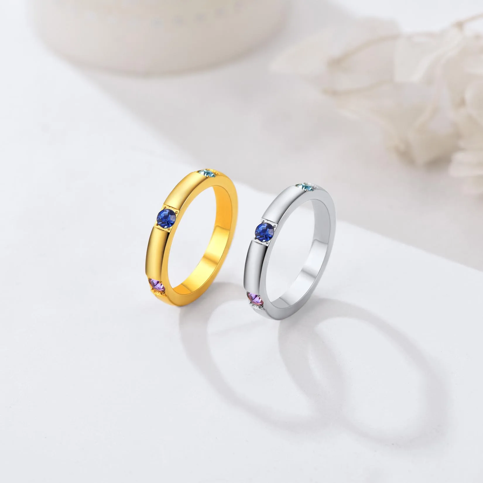 U7 Stainless Steel Personalized Birthstone Rings for Woman Man 18K Gold Color 1/2/3pcs CZ Laser Engrave Name Custom Unisex Ring